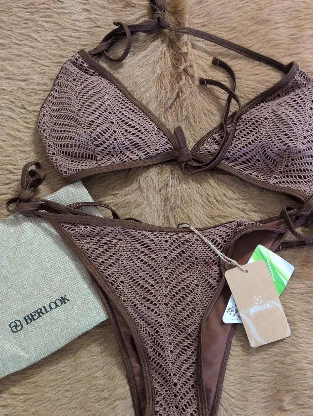 Berlook Brown Crochet Triangle Bikini Set M Bottoms Xl Top